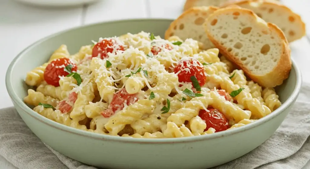 A light green bowl filled with creamy Boursin pasta, made with gemelli pasta, roasted cherry tomatoes, and fresh herbs. The dish is garnished with grated parmesan cheese and served with slices of crusty baguette on the side.
