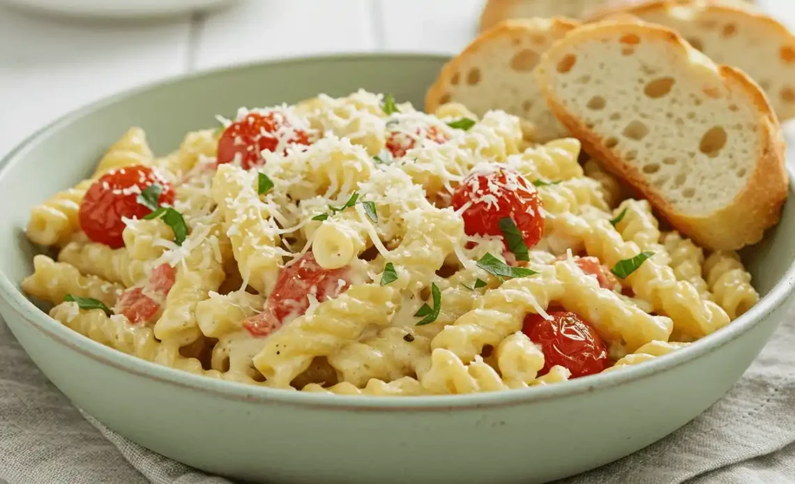 A light green bowl filled with creamy Boursin pasta, made with gemelli pasta, roasted cherry tomatoes, and fresh herbs. The dish is garnished with grated parmesan cheese and served with slices of crusty baguette on the side.