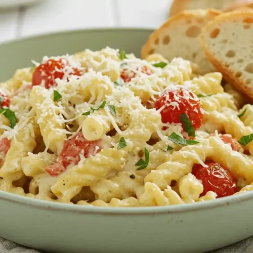 A light green bowl filled with creamy Boursin pasta, made with gemelli pasta, roasted cherry tomatoes, and fresh herbs. The dish is garnished with grated parmesan cheese and served with slices of crusty baguette on the side.