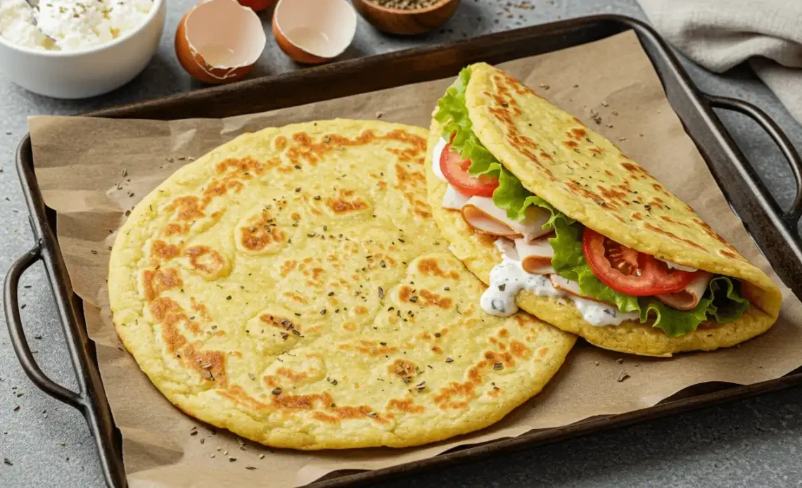 A finished viral cottage cheese flatbread served on a baking tray. One flatbread is folded into a sandwich filled with sliced turkey, lettuce, tomato, and a creamy sauce, while another lies flat beside it, sprinkled with herbs.