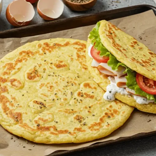 A finished viral cottage cheese flatbread served on a baking tray. One flatbread is folded into a sandwich filled with sliced turkey, lettuce, tomato, and a creamy sauce, while another lies flat beside it, sprinkled with herbs.