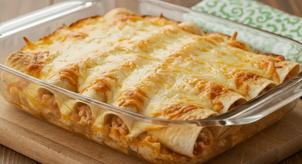  A clear glass baking dish of perfectly baked chicken enchiladas, fresh from the oven. The top is covered in melted cheese that is bubbly and golden-brown in spots.