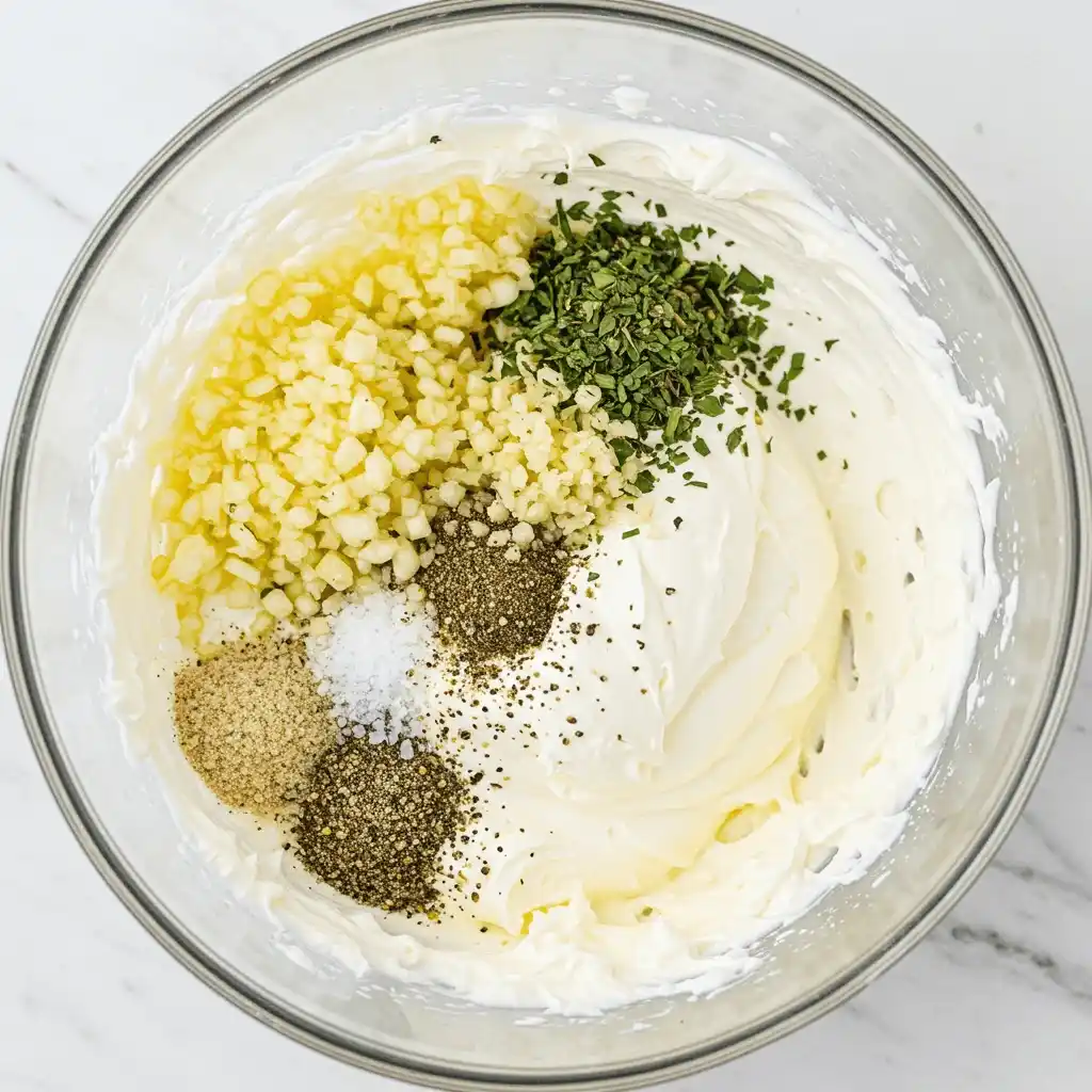 An overhead shot of a glass bowl showing how to make Boursin cheese. A base of whipped cream cheese is topped with piles of minced garlic, dried herbs, salt, and pepper before being mixed.
