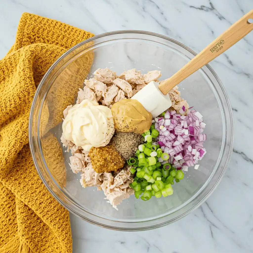 A glass bowl showing how to make chicken salad with the ingredients unmixed. You can see flaked canned chicken, mayonnaise, two kinds of mustard, chopped red onion, and green onions, ready to be combined for this easy chicken salad recipe.