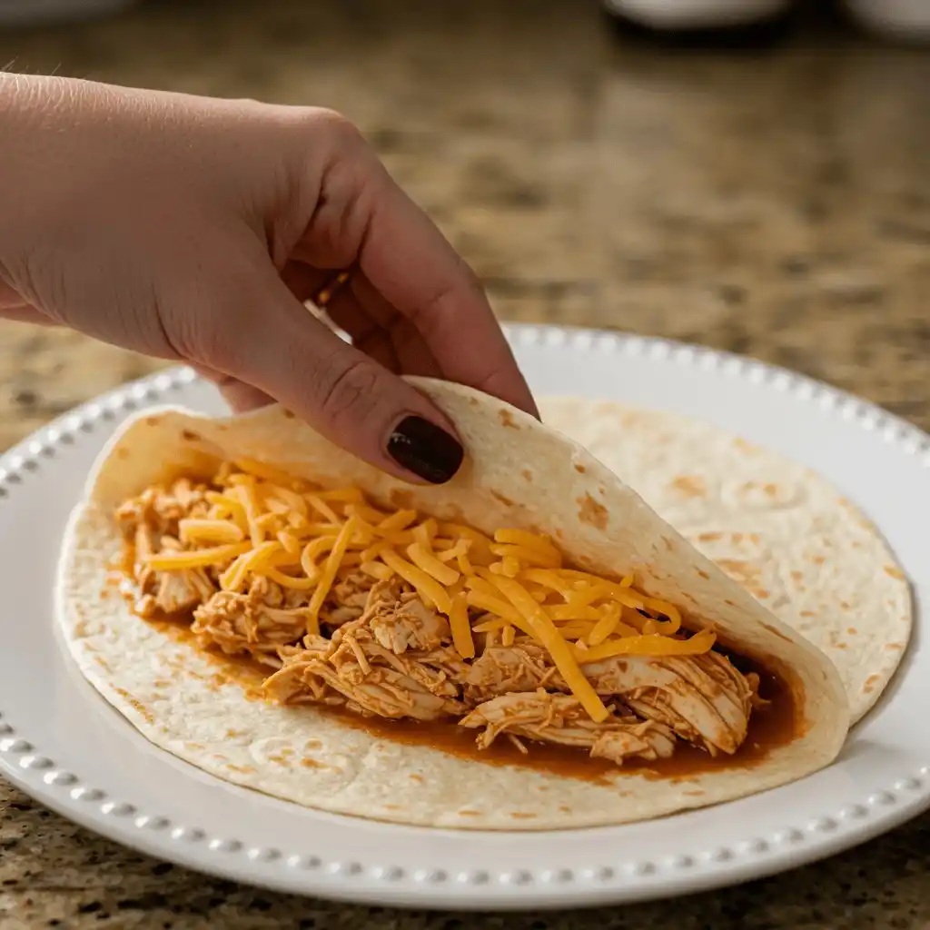 A hand with dark nail polish folding a soft flour tortilla filled with saucy shredded chicken and bright orange cheddar cheese on a white plate, demonstrating a key step in a chicken enchilada recipe.