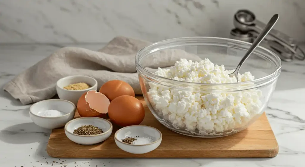 Ingredients for making cottage cheese flatbread are arranged on a wooden board. A large glass bowl of cottage cheese is central, surrounded by brown eggs and small bowls of spices like salt, pepper, and herbs.