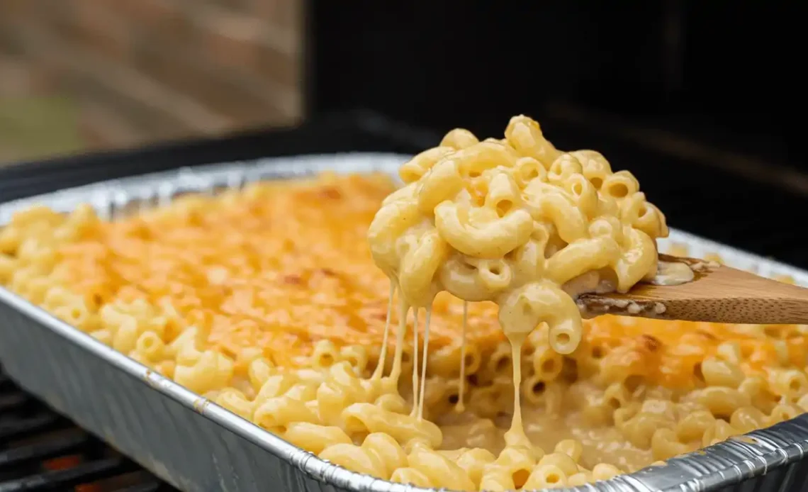 A wooden spoon lifting a large, cheesy scoop of smoked macaroni and cheese from an aluminum pan on a smoker grill, showing a perfect cheese pull.