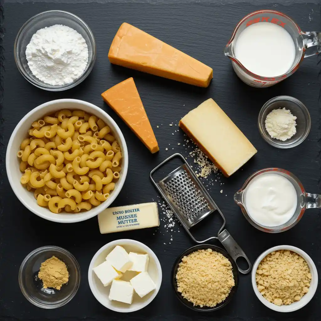 All the ingredients for a homemade smoked mac n cheese recipe laid out on a dark slate surface, including elbow macaroni, various cheeses, butter, milk, and flour.