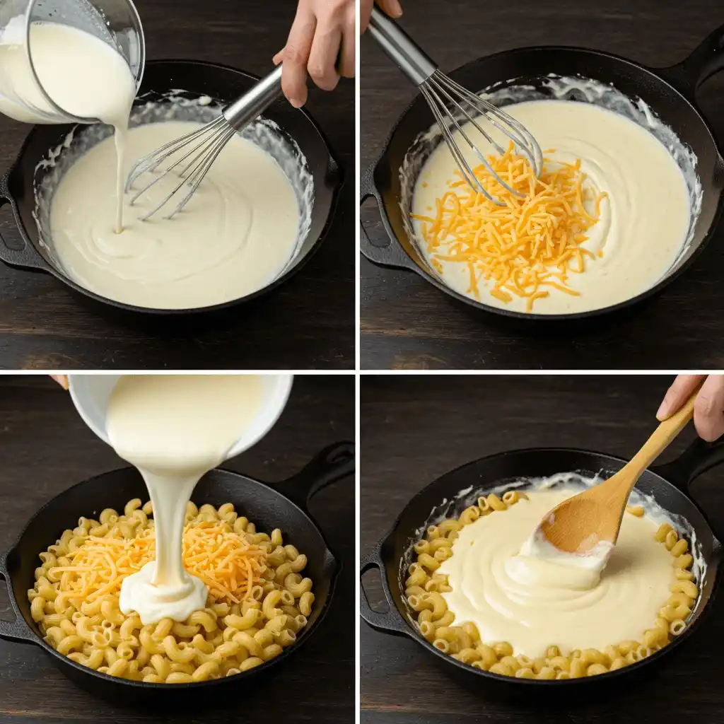 A four-panel collage showing the steps for a smoked cheese macaroni recipe: making the cheese sauce, adding shredded cheese, and mixing it with cooked pasta in a cast-iron skillet.