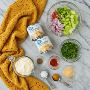 An overhead view of all the ingredients needed for a can chicken salad recipe. Pictured are two cans of chicken, mayonnaise, chopped vegetables like celery and onion, and various spices in small bowls on a marble countertop.