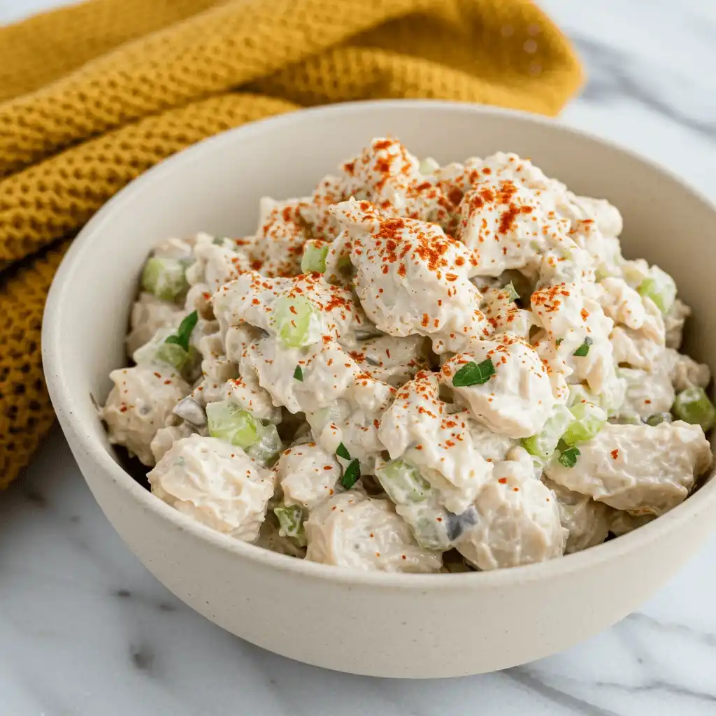 A close-up of a finished bowl of good chicken salad. The salad is creamy with visible chunks of chicken and celery, and it's generously garnished with paprika, showcasing the final result of our can chicken salad recipe.
