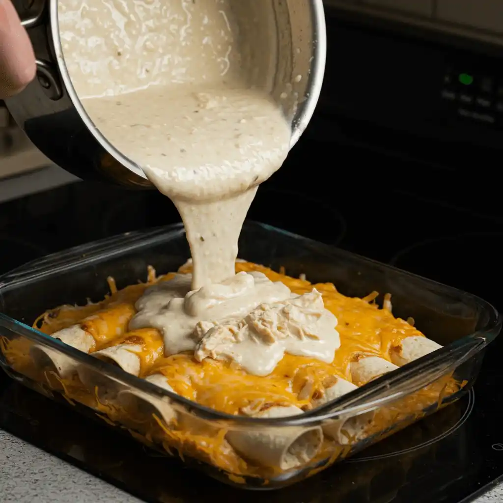 Pouring a homemade creamy white sauce from a saucepan over rolled chicken enchiladas that are topped with cheese in a glass baking dish, preparing the white chicken enchiladas for the oven.
