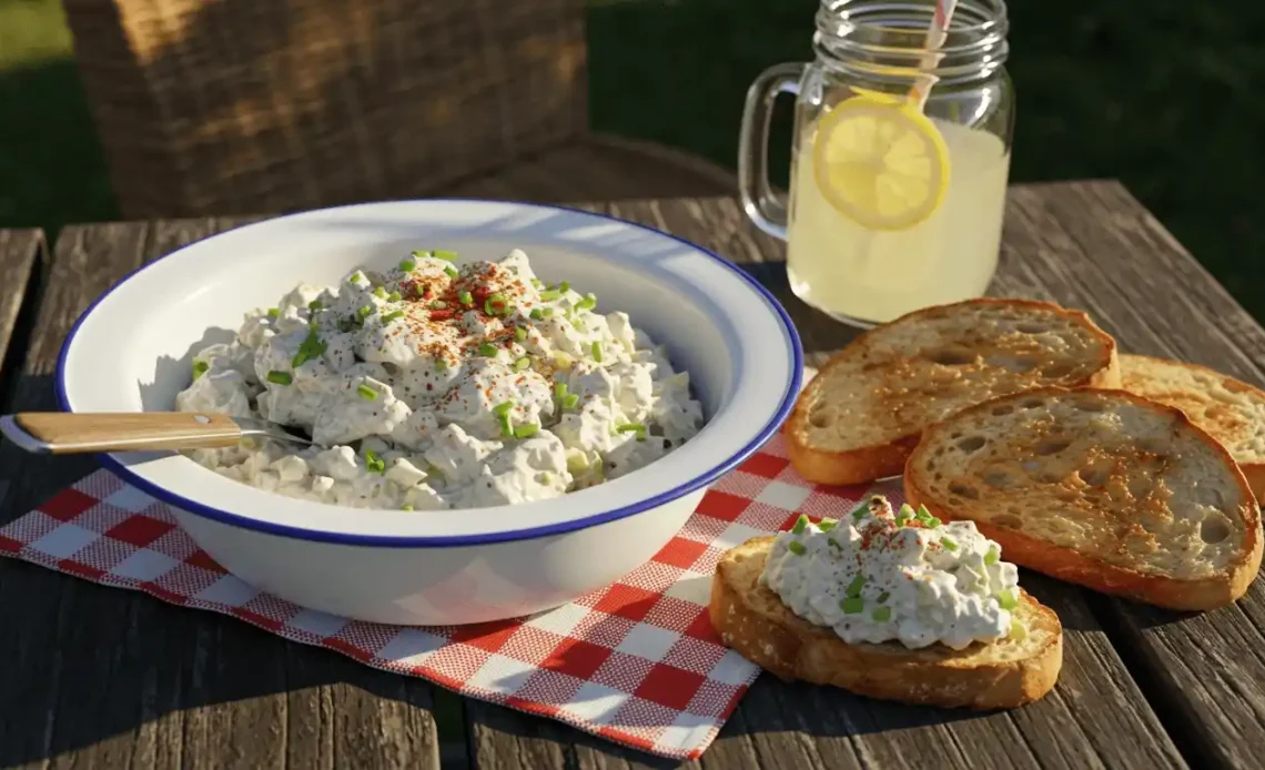 A white enamel bowl filled with a creamy and easy chicken salad recipe, garnished with chives and paprika. It's set on a picnic table with slices of toasted bread and a glass of lemonade, showing a perfect way to serve this good chicken salad.