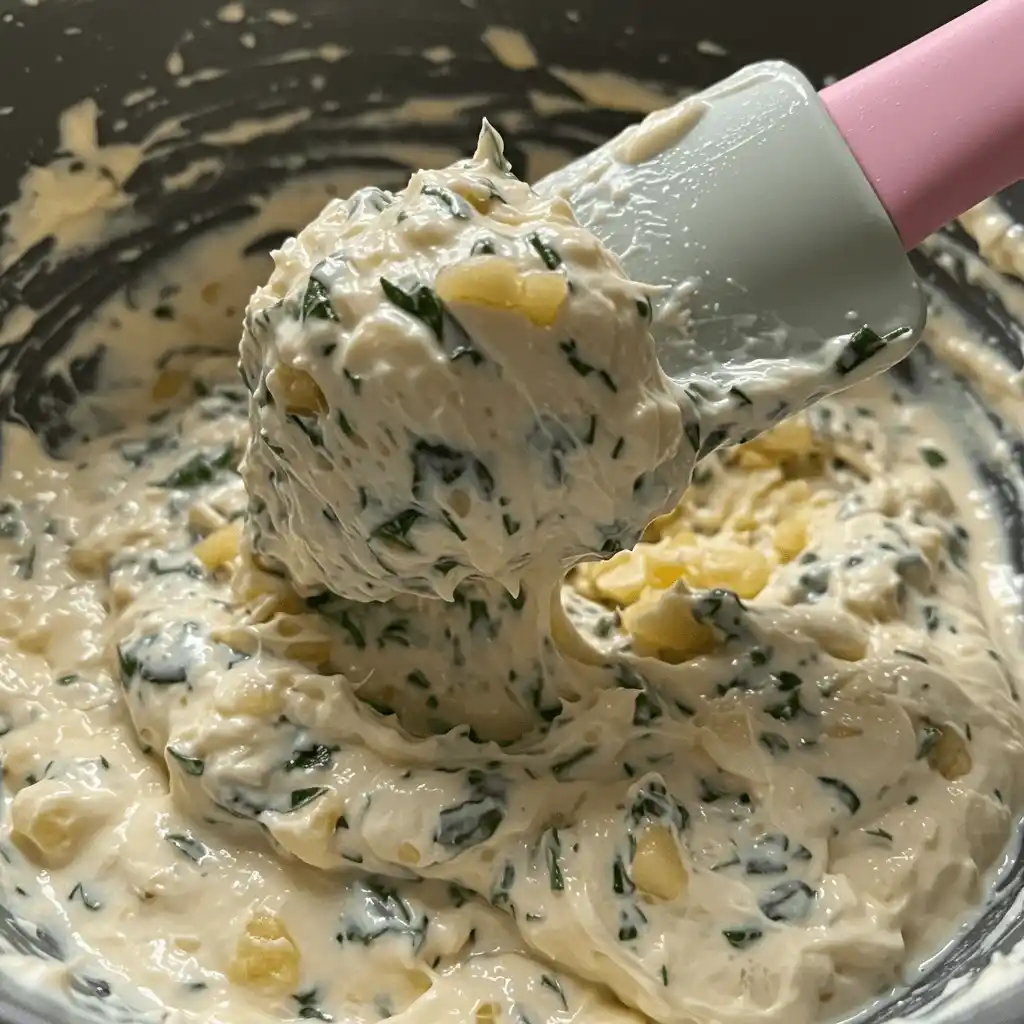 A close-up macro shot of the finished homemade Boursin cheese, ready to be used in a Boursin pasta recipe. A spatula lifts a thick, creamy dollop of the spread, which is speckled with green herbs and garlic.