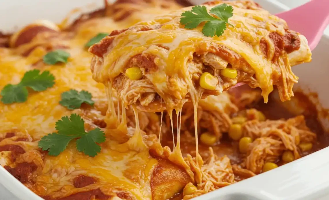 A pink spatula lifting a saucy chicken enchilada from a casserole dish, creating long, mouth-watering strings of melted cheese. The enchilada has a visible filling of shredded chicken and corn and is garnished with fresh cilantro.