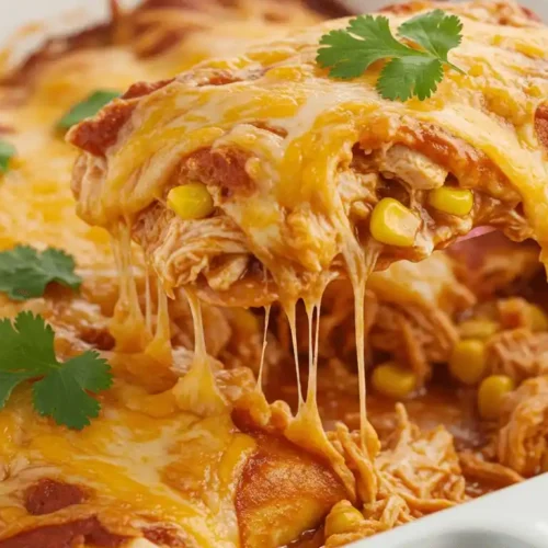 A pink spatula lifting a saucy chicken enchilada from a casserole dish, creating long, mouth-watering strings of melted cheese. The enchilada has a visible filling of shredded chicken and corn and is garnished with fresh cilantro.